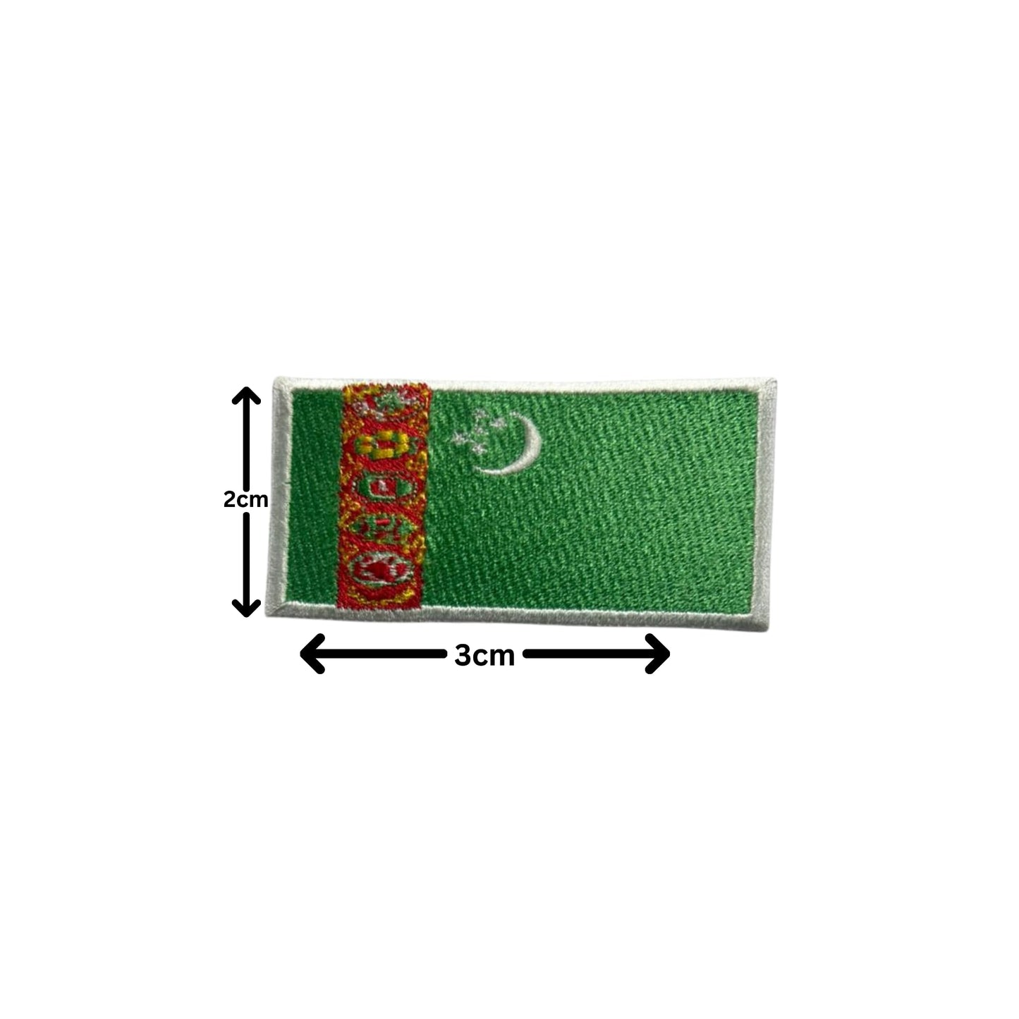 Turkmenistan Flag Embroidered Patch Set, Iron-On or Sew-On Applique Badges, Rectangle Shield Round Heart Shapes, for Jackets, Backpacks, Hats, Uniforms and Various Sizes