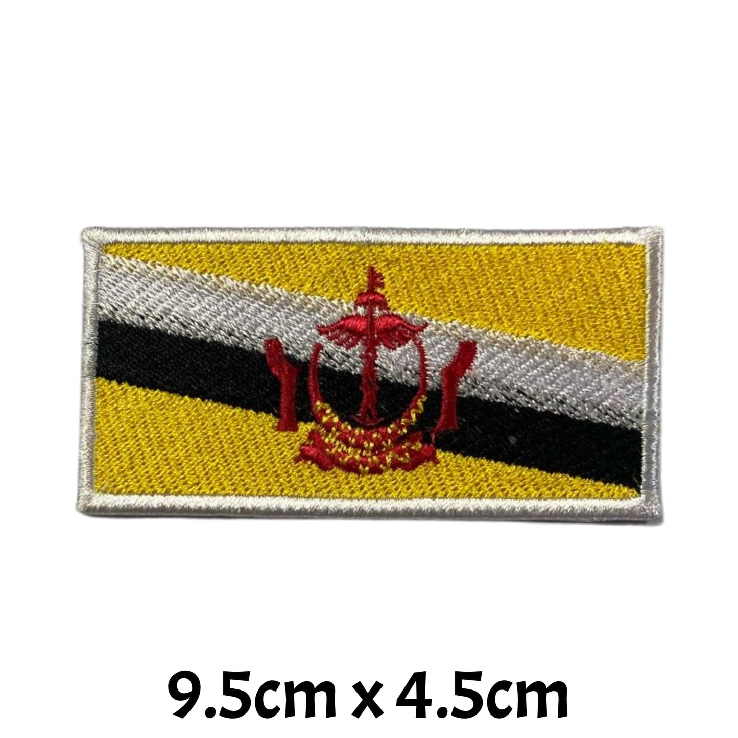 BeBuz Brunei Flag Embroidered Patch Set, Iron-On or Sew-On Applique Badges, Rectangle Shield Round Heart Shapes, National Flag Emblem for Jackets, Backpacks, Hats, Uniforms and Various Sizes