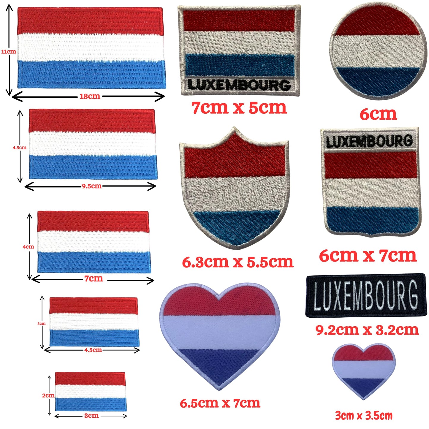 Luxembourg Flag Embroidered Patch Set, Iron-On or Sew-On Applique Badges, Rectangle Shield Round Heart Shapes, for Jackets, Backpacks, Hats, Uniforms and Various Sizes