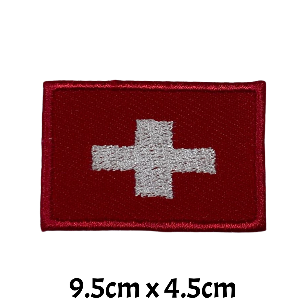 BeBuz Switzerland Flag Embroidered Patches, Iron-On/Sew-On Applique, Shield, Round, Heart and Rectangle Flag Badges for Jackets, Bags, Uniforms, Various Sizes
