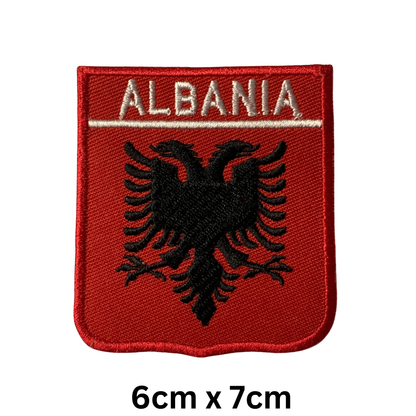 Shield Flag with Name Patch – Embroidered Iron On / Sew On Shield Shaped National Flag Badge with Country Name | All Countries | Badge for Jacket, Biker Vest, Backpack, Uniform (A-J)