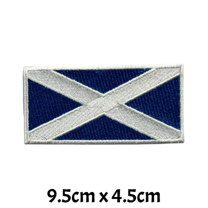 BeBuz Scotland Flag Embroidered Patches, Iron-On/Sew-On Applique, Shield, Round, Heart and Rectangle Flag Badges for Jackets, Bags, Uniforms, Various Sizes