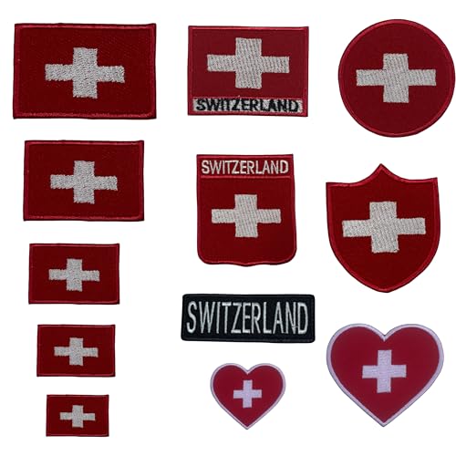 BeBuz Switzerland Flag Embroidered Patches, Iron-On/Sew-On Applique, Shield, Round, Heart and Rectangle Flag Badges for Jackets, Bags, Uniforms, Various Sizes