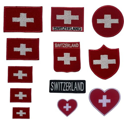 BeBuz Switzerland Flag Embroidered Patches, Iron-On/Sew-On Applique, Shield, Round, Heart and Rectangle Flag Badges for Jackets, Bags, Uniforms, Various Sizes
