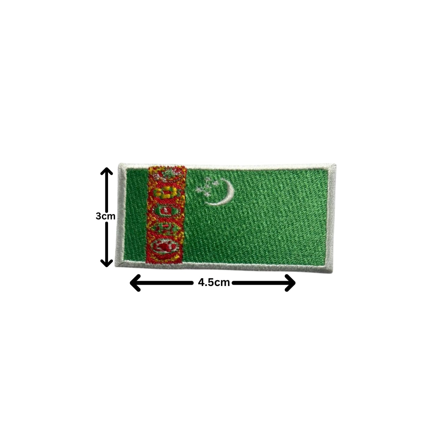 Turkmenistan Flag Embroidered Patch Set, Iron-On or Sew-On Applique Badges, Rectangle Shield Round Heart Shapes, for Jackets, Backpacks, Hats, Uniforms and Various Sizes