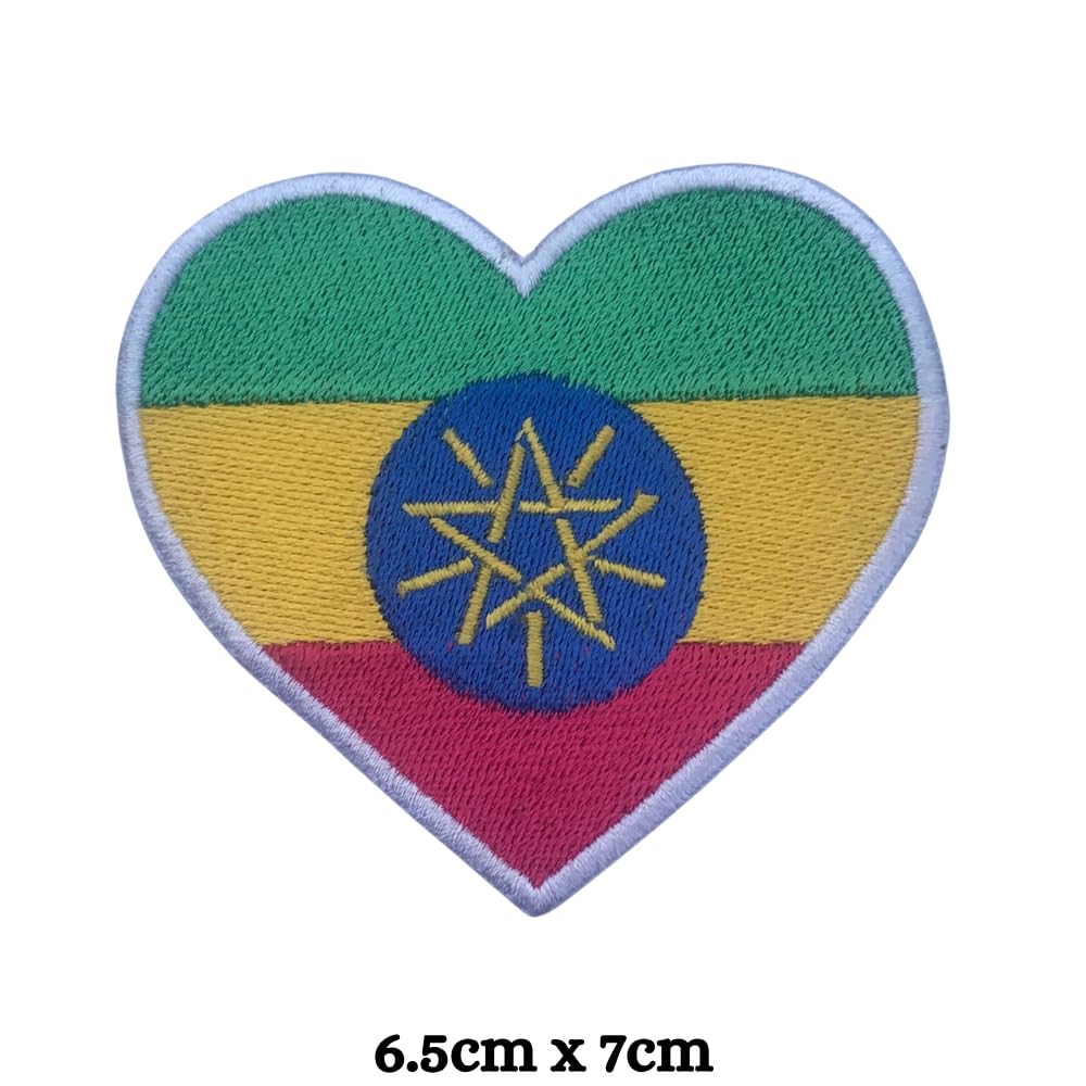 Ethiopia Flag Embroidered Patch Set, Iron-On or Sew-On Applique Badges, Rectangle Shield Round Heart Shapes, for Jackets, Backpacks, Hats, Uniforms and Various Sizes
