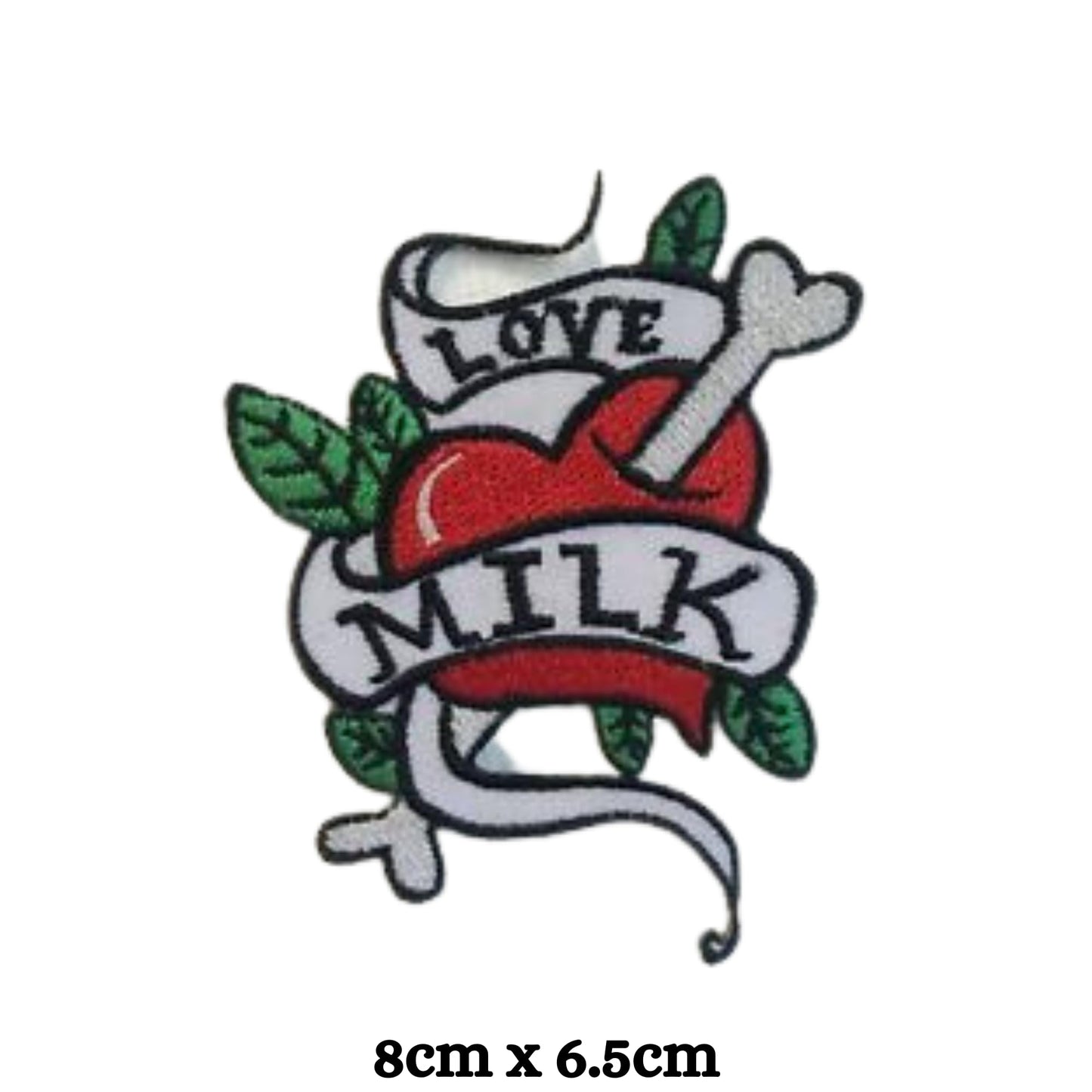 Love Milk Tattoo Heart Bone Embroidery Iron-On Patches for Clothing Sew-On Applique for DIY Crafts Denim Jackets Jeans Backpacks