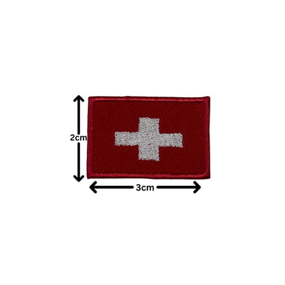 BeBuz Switzerland Flag Embroidered Patches, Iron-On/Sew-On Applique, Shield, Round, Heart and Rectangle Flag Badges for Jackets, Bags, Uniforms, Various Sizes