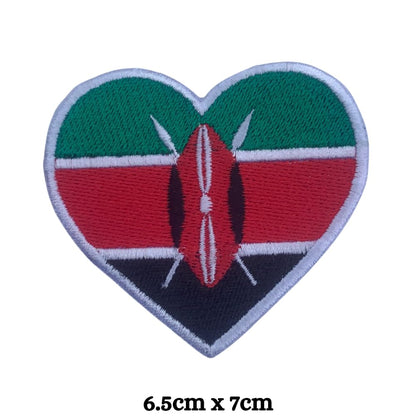 Kenya Flag Embroidered Patch Set, Iron-On or Sew-On Applique Badges, Rectangle Shield Round Heart Shapes, for Jackets, Backpacks, Hats, Uniforms and Various Sizes