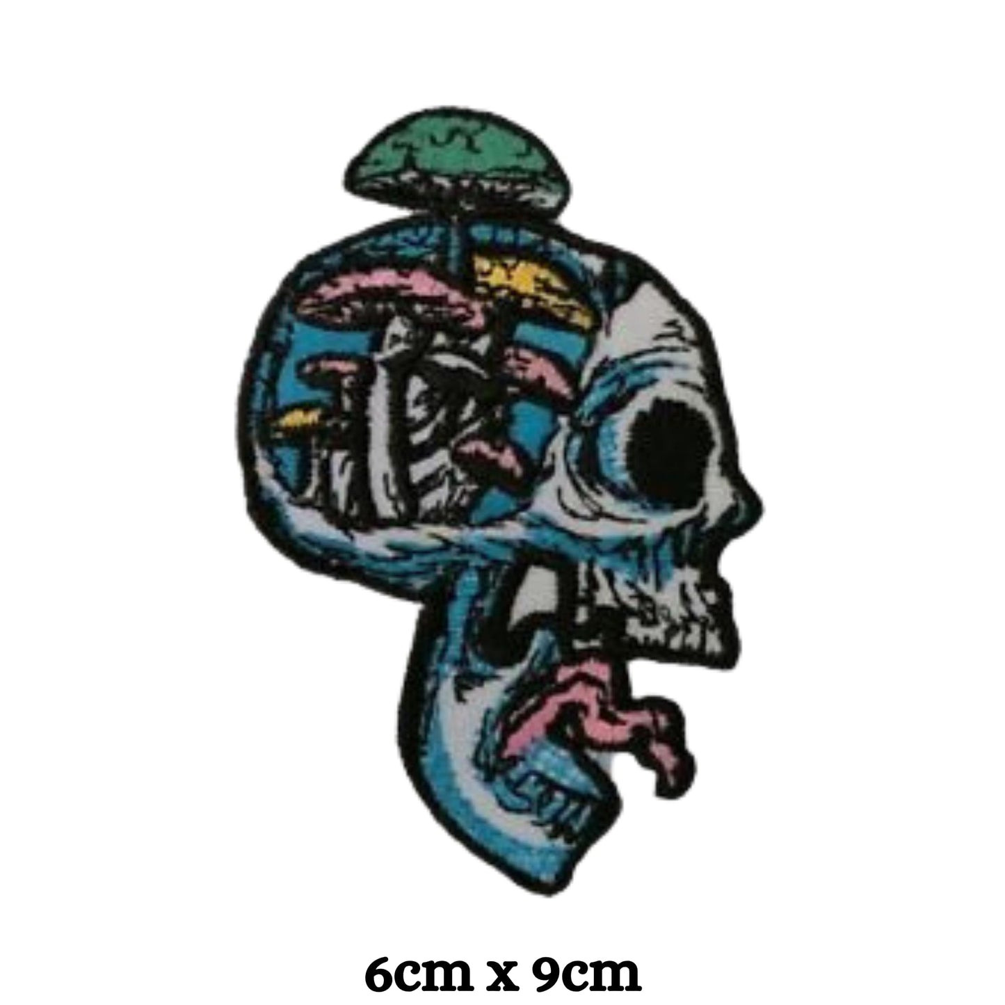 Skull with Mushrooms Embroidery Iron-On Patches for Clothing Sew-On Applique for DIY Crafts Denim Jackets Jeans Backpacks