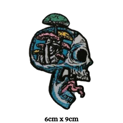 Skull with Mushrooms Embroidery Iron-On Patches for Clothing Sew-On Applique for DIY Crafts Denim Jackets Jeans Backpacks