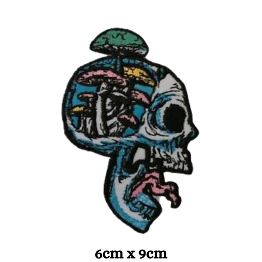 Skull with Mushrooms Embroidery Iron-On Patches for Clothing Sew-On Applique for DIY Crafts Denim Jackets Jeans Backpacks