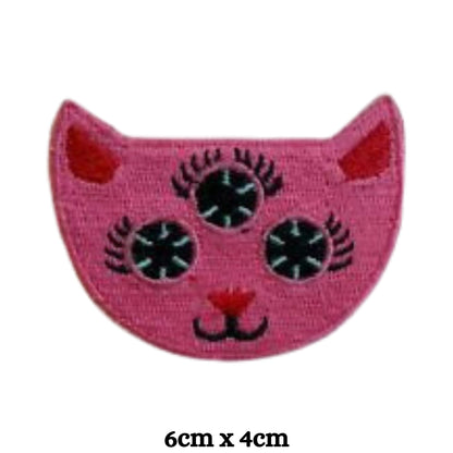 Pink Cat Three Eyes Animal Embroidery Iron-On Patches for Clothing Sew-On Applique for DIY Crafts Denim Jackets Jeans Backpacks