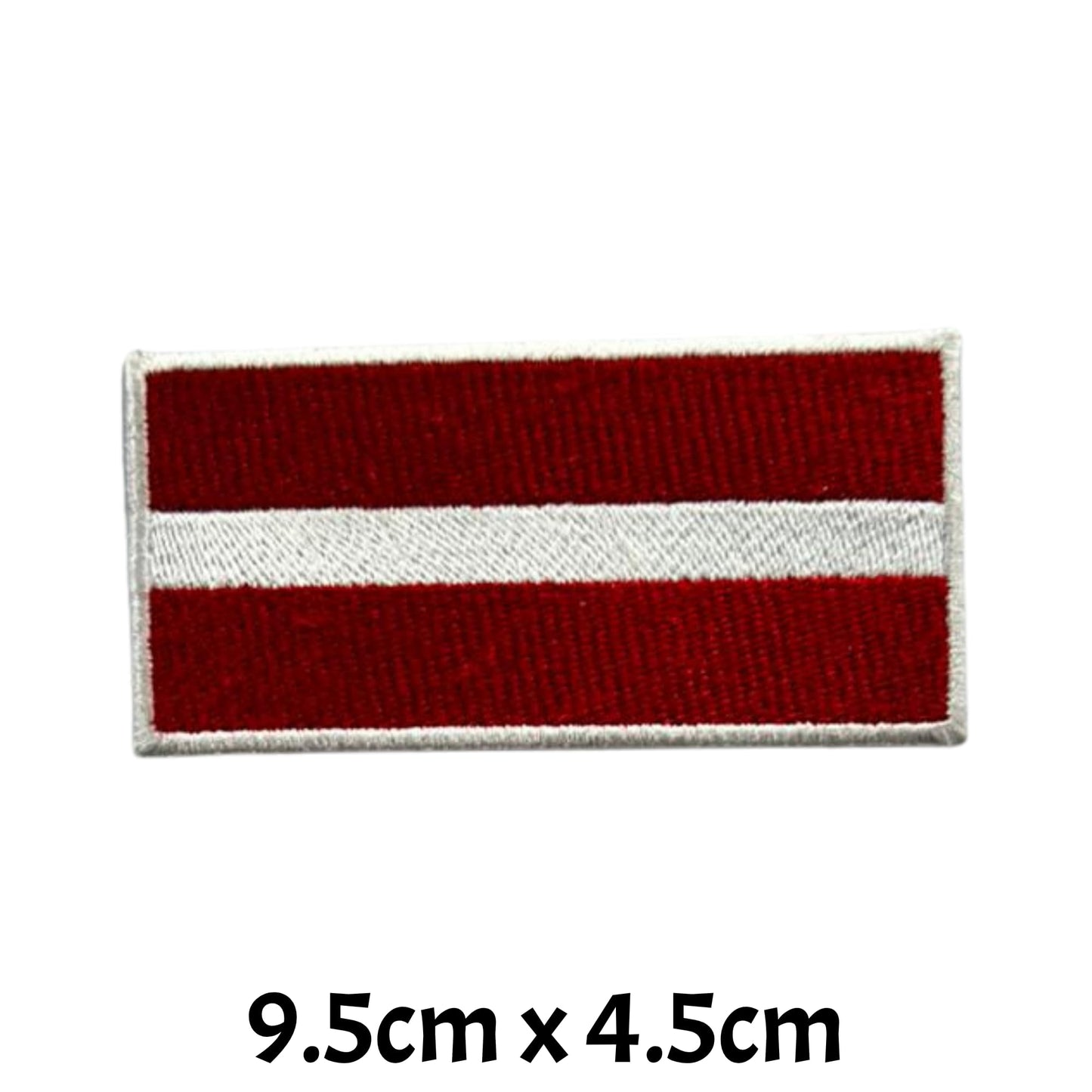 Latvia Flag Embroidered Patch Set, Iron-On or Sew-On Applique Badges, Rectangle Shield Round Heart Shapes, for Jackets, Backpacks, Hats, Uniforms and Various Sizes