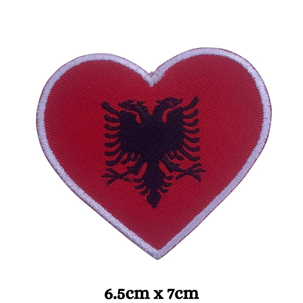 Albania Flag Embroidered Patch Set, Iron-On or Sew-On Applique Badges, Rectangle Shield Round Heart Shapes, for Jackets, Backpacks, Hats, Uniforms and Various Sizes