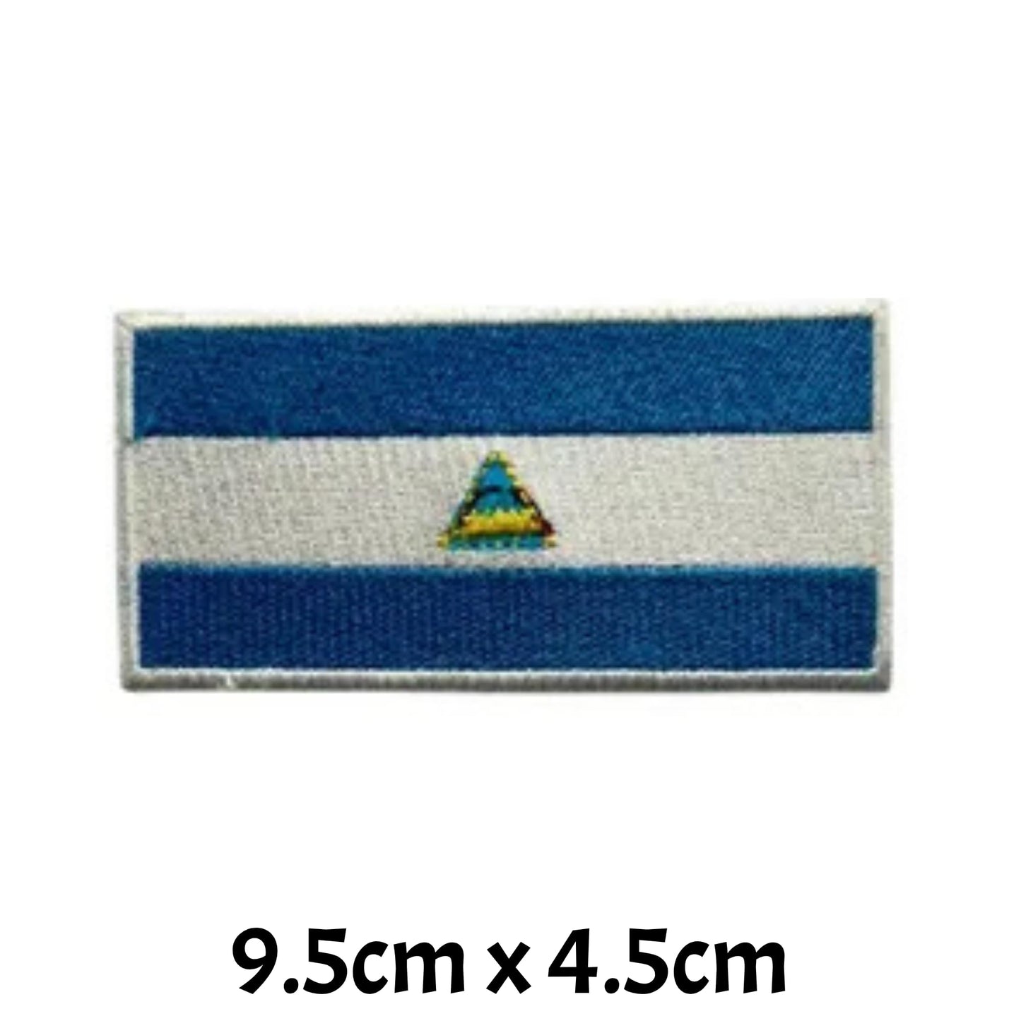 Nicaragua Flag Embroidered Patch Set, Iron-On or Sew-On Applique Badges, Rectangle Shield Round Heart Shapes, for Jackets, Backpacks, Hats, Uniforms and Various Sizes