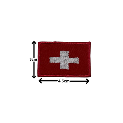 BeBuz Switzerland Flag Embroidered Patches, Iron-On/Sew-On Applique, Shield, Round, Heart and Rectangle Flag Badges for Jackets, Bags, Uniforms, Various Sizes