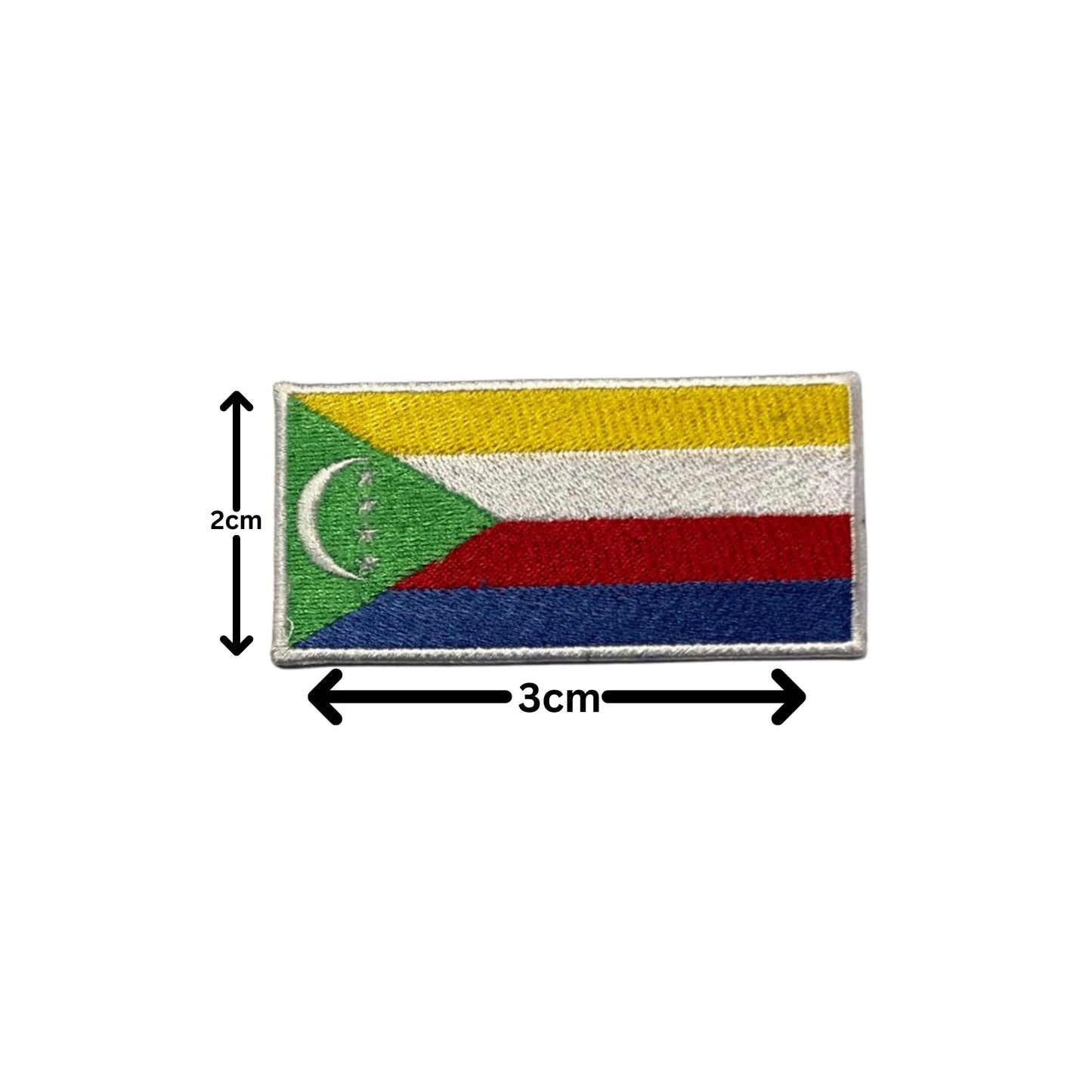 Comoros Flag Embroidered Patch Set, Iron-On or Sew-On Applique Badges, Rectangle Shield Round Heart Shapes, for Jackets, Backpacks, Hats, Uniforms and Various Sizes
