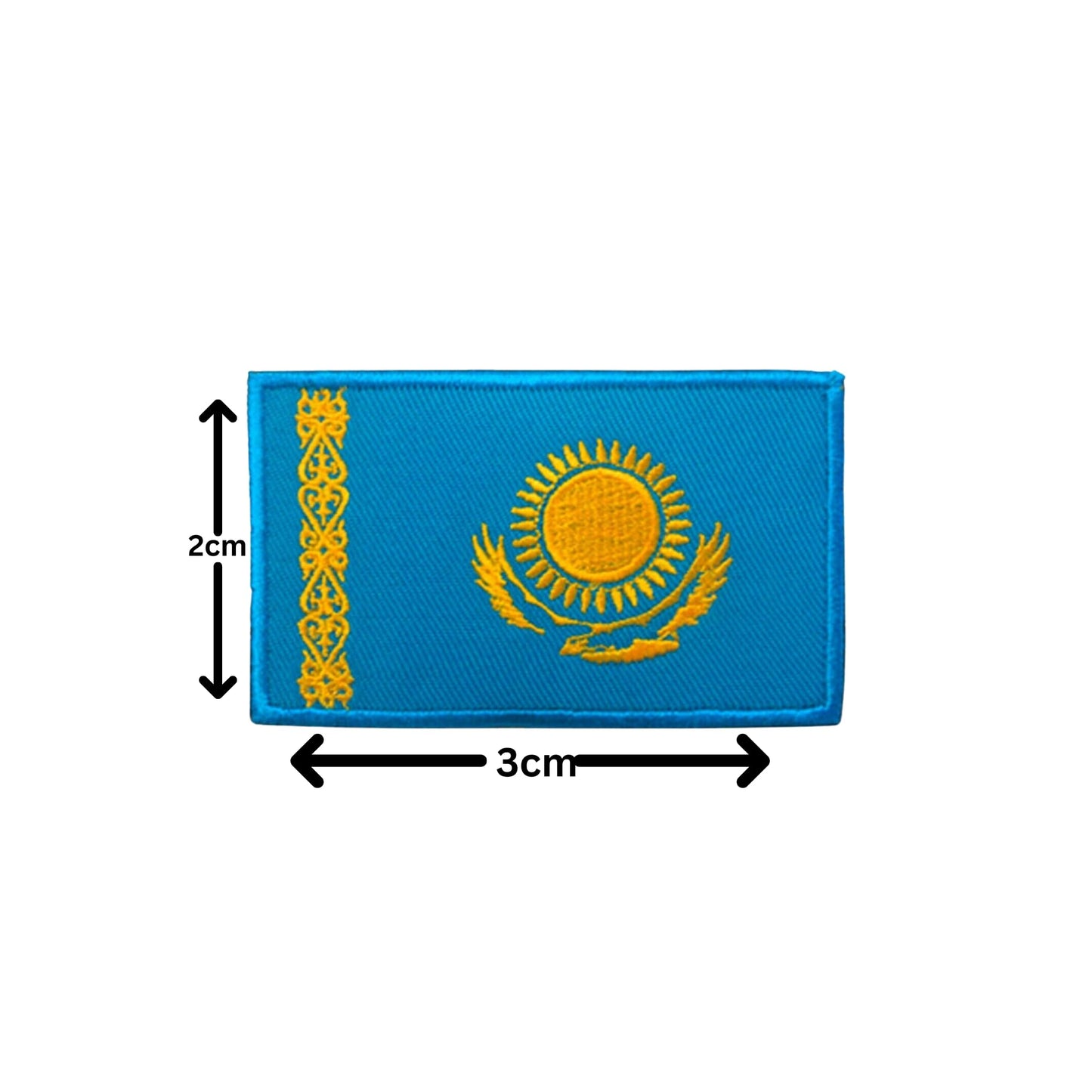 Kazakhstan Flag Embroidered Patch Set, Iron-On or Sew-On Applique Badges, Rectangle Shield Round Heart Shapes, for Jackets, Backpacks, Hats, Uniforms and Various Sizes