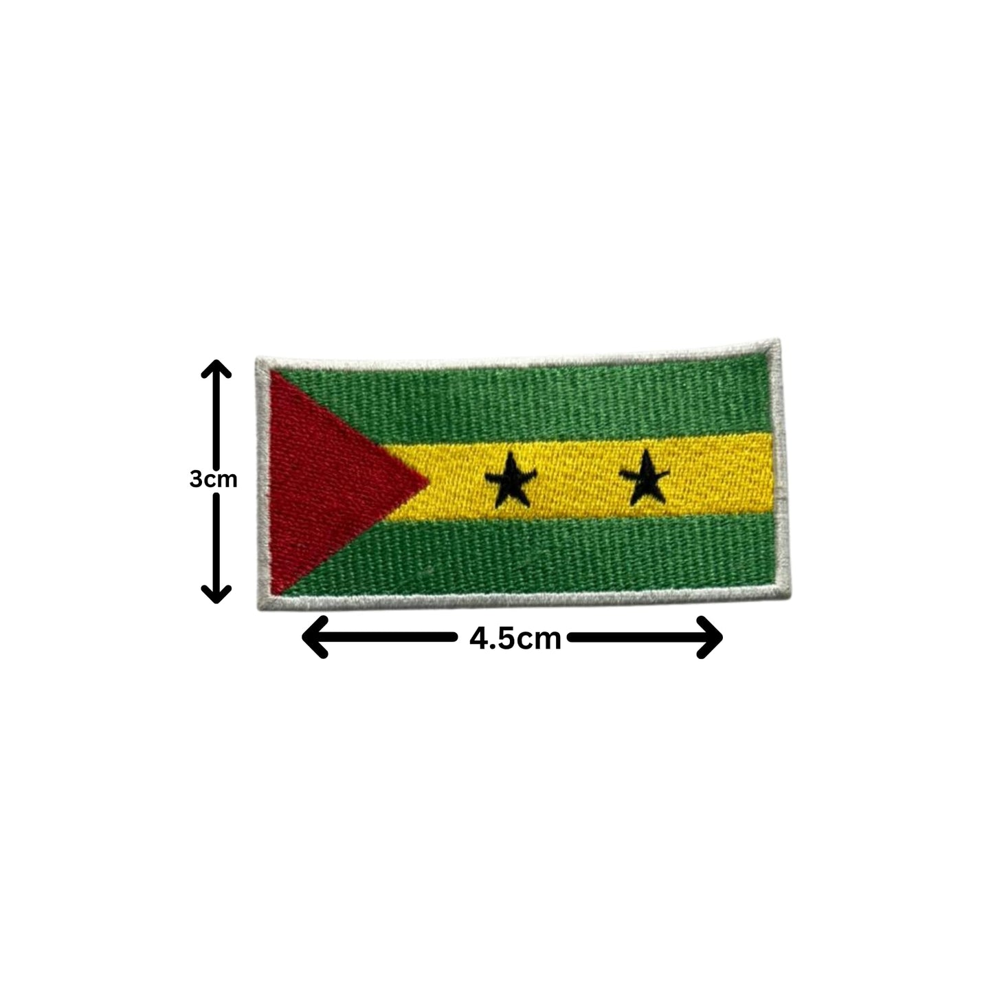 Sao Tome Flag Embroidered Patch Set, Iron-On or Sew-On Applique Badges, Rectangle Shield Round Heart Shapes, for Jackets, Backpacks, Hats, Uniforms and Various Sizes