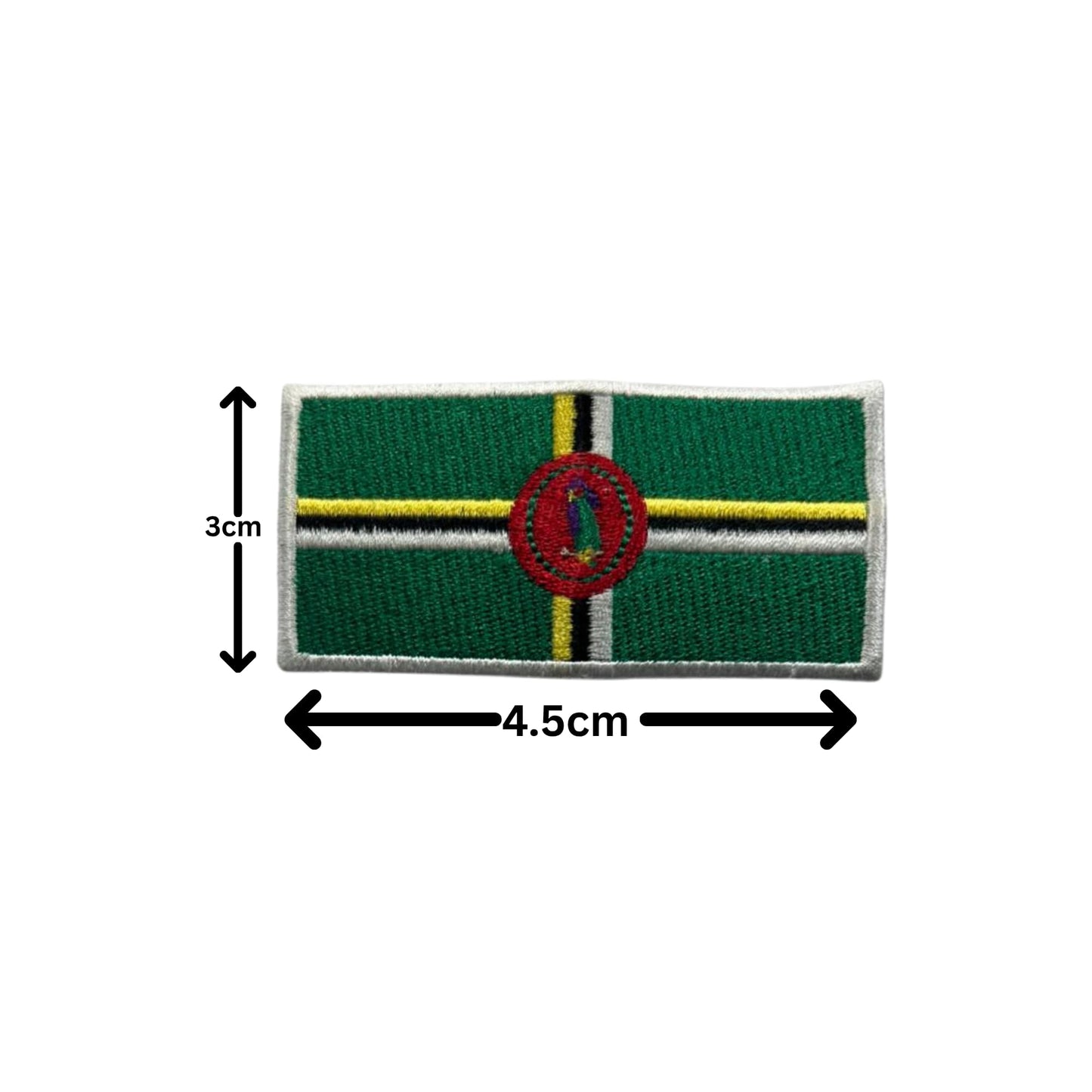 Dominica Flag Embroidered Patch Set, Iron-On or Sew-On Applique Badges, Rectangle Shield Round Heart Shapes, for Jackets, Backpacks, Hats, Uniforms and Various Sizes