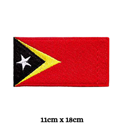 Timor Leste Flag Embroidered Patch Set, Iron-On or Sew-On Applique Badges, Rectangle Shield Round Heart Shapes, for Jackets, Backpacks, Hats, Uniforms and Various Sizes