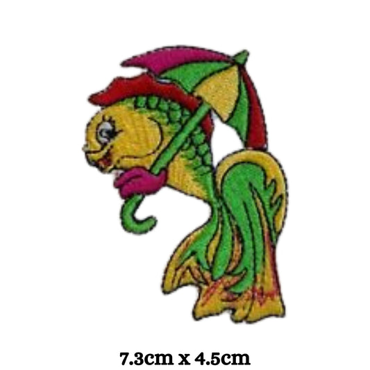 Fish with Umbrella Embroidery Iron-On Patches for Clothing Sew-On Applique for DIY Crafts Denim Jackets Jeans Backpacks