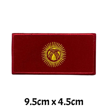 Kyrgyzstan Flag Embroidered Patch Set, Iron-On or Sew-On Applique Badges, Rectangle Shield Round Heart Shapes, for Jackets, Backpacks, Hats, Uniforms and Various Sizes
