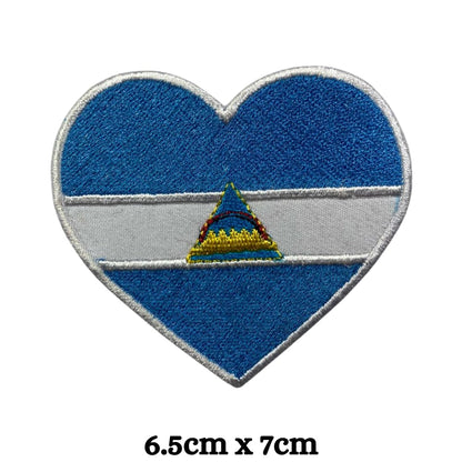 Nicaragua Flag Embroidered Patch Set, Iron-On or Sew-On Applique Badges, Rectangle Shield Round Heart Shapes, for Jackets, Backpacks, Hats, Uniforms and Various Sizes