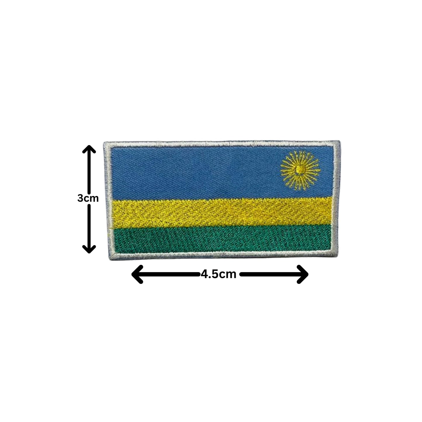 Rwanda Flag Embroidered Patch Set, Iron-On or Sew-On Applique Badges, Rectangle Shield Round Heart Shapes, for Jackets, Backpacks, Hats, Uniforms and Various Sizes