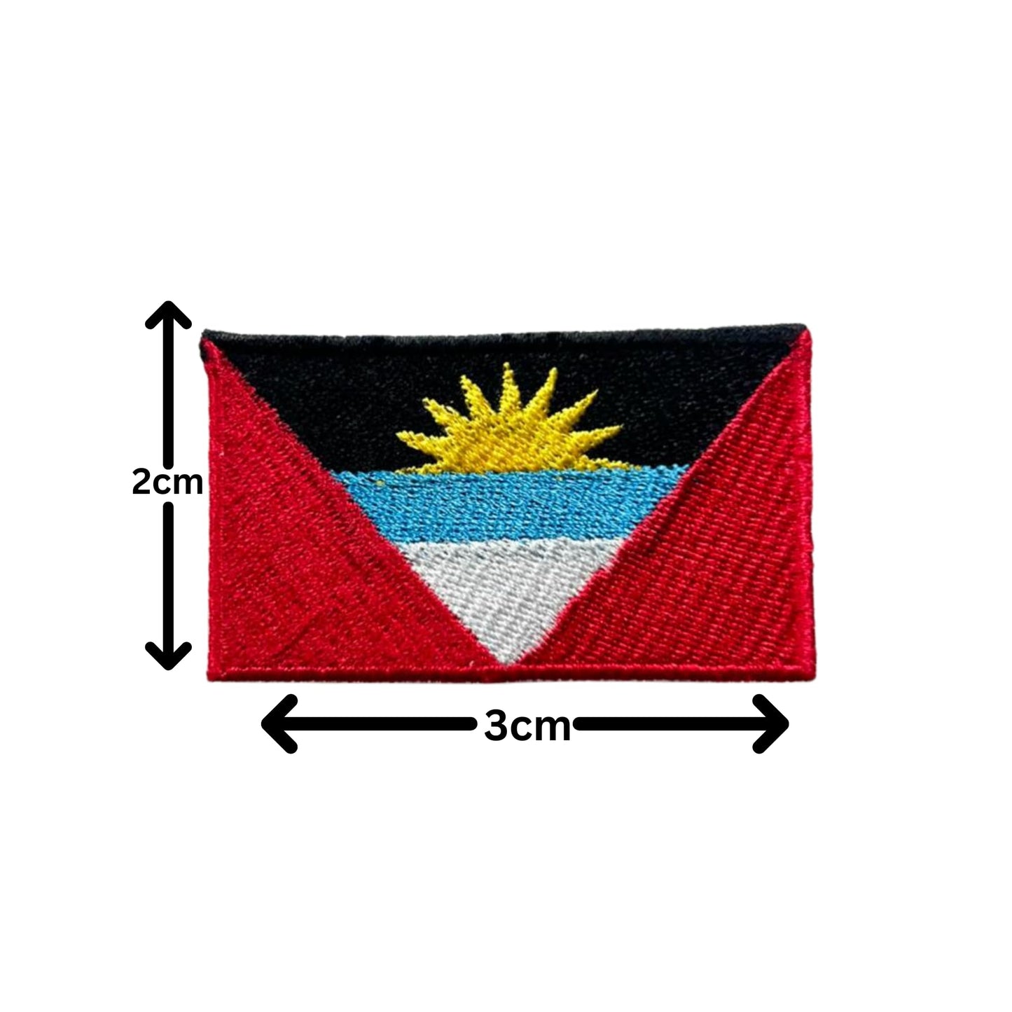 Antigua and Barbuda Flag Embroidered Patches, Iron-On/Sew-On Applique, Shield, Round, Heart and Rectangle Flag Badges for Jackets, Bags, Uniforms, Various Sizes
