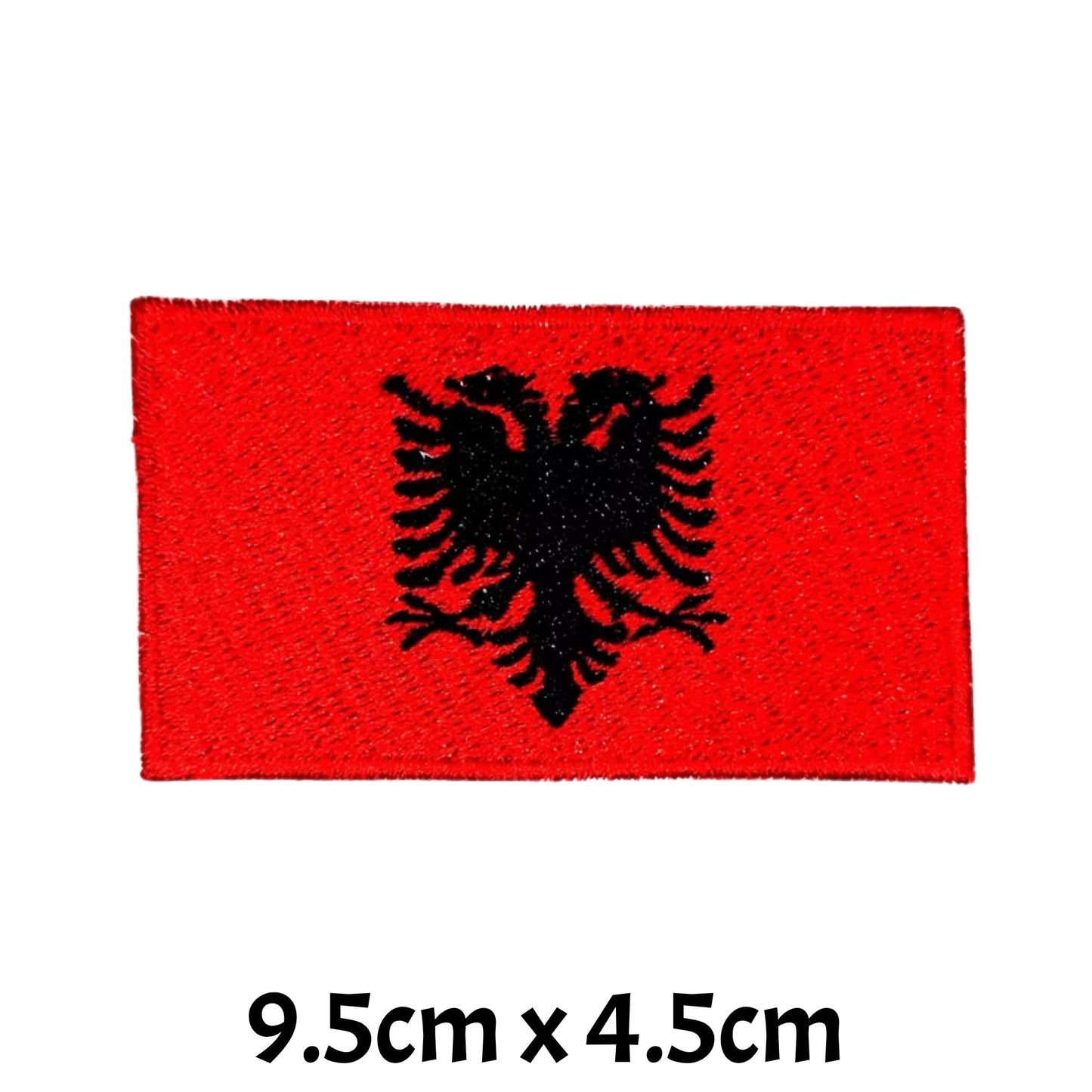 Albania Flag Embroidered Patch Set, Iron-On or Sew-On Applique Badges, Rectangle Shield Round Heart Shapes, for Jackets, Backpacks, Hats, Uniforms and Various Sizes