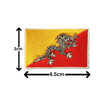 BeBuz Bhutan Flag Embroidered Patches, Iron-On/Sew-On Applique, Shield, Round, Heart and Rectangle Flag Badges for Jackets, Bags, Uniforms, Various Sizes