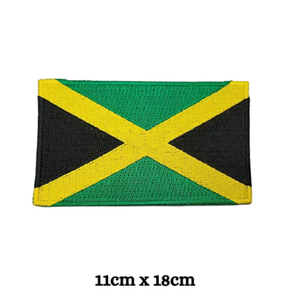 Jamaica Flag Embroidered Patch Set, Iron-On or Sew-On Applique Badges, Rectangle Shield Round Heart Shapes, for Jackets, Backpacks, Hats, Uniforms and Various Sizes