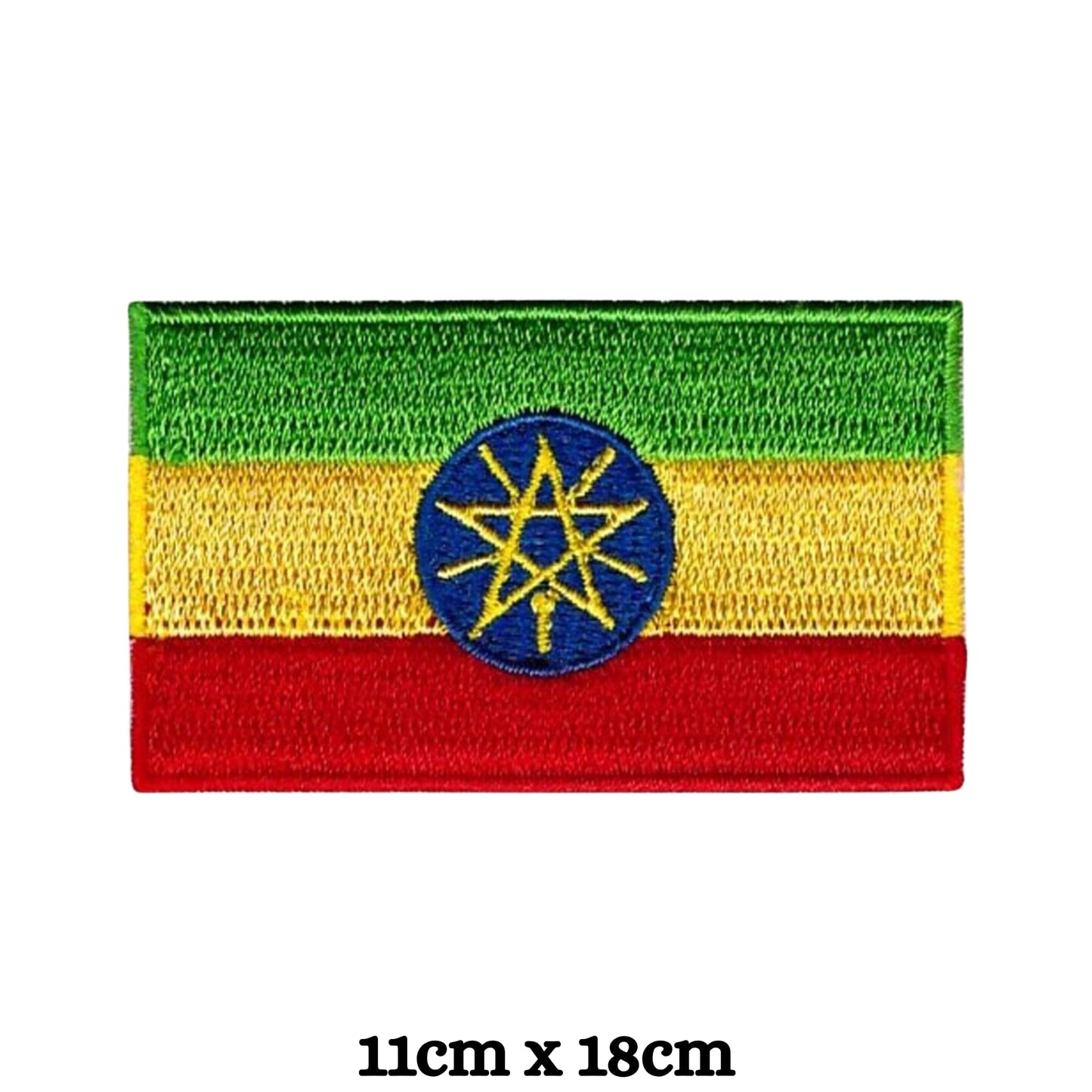 Ethiopia Flag Embroidered Patch Set, Iron-On or Sew-On Applique Badges, Rectangle Shield Round Heart Shapes, for Jackets, Backpacks, Hats, Uniforms and Various Sizes