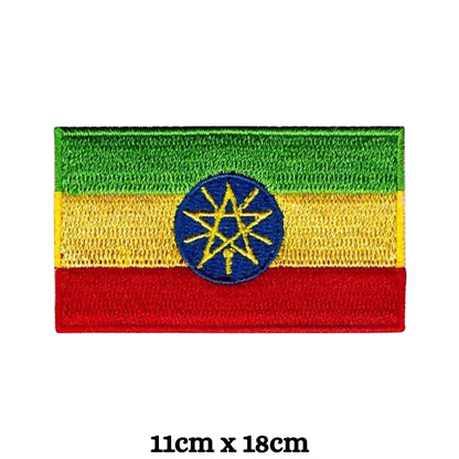 Ethiopia Flag Embroidered Patch Set, Iron-On or Sew-On Applique Badges, Rectangle Shield Round Heart Shapes, for Jackets, Backpacks, Hats, Uniforms and Various Sizes