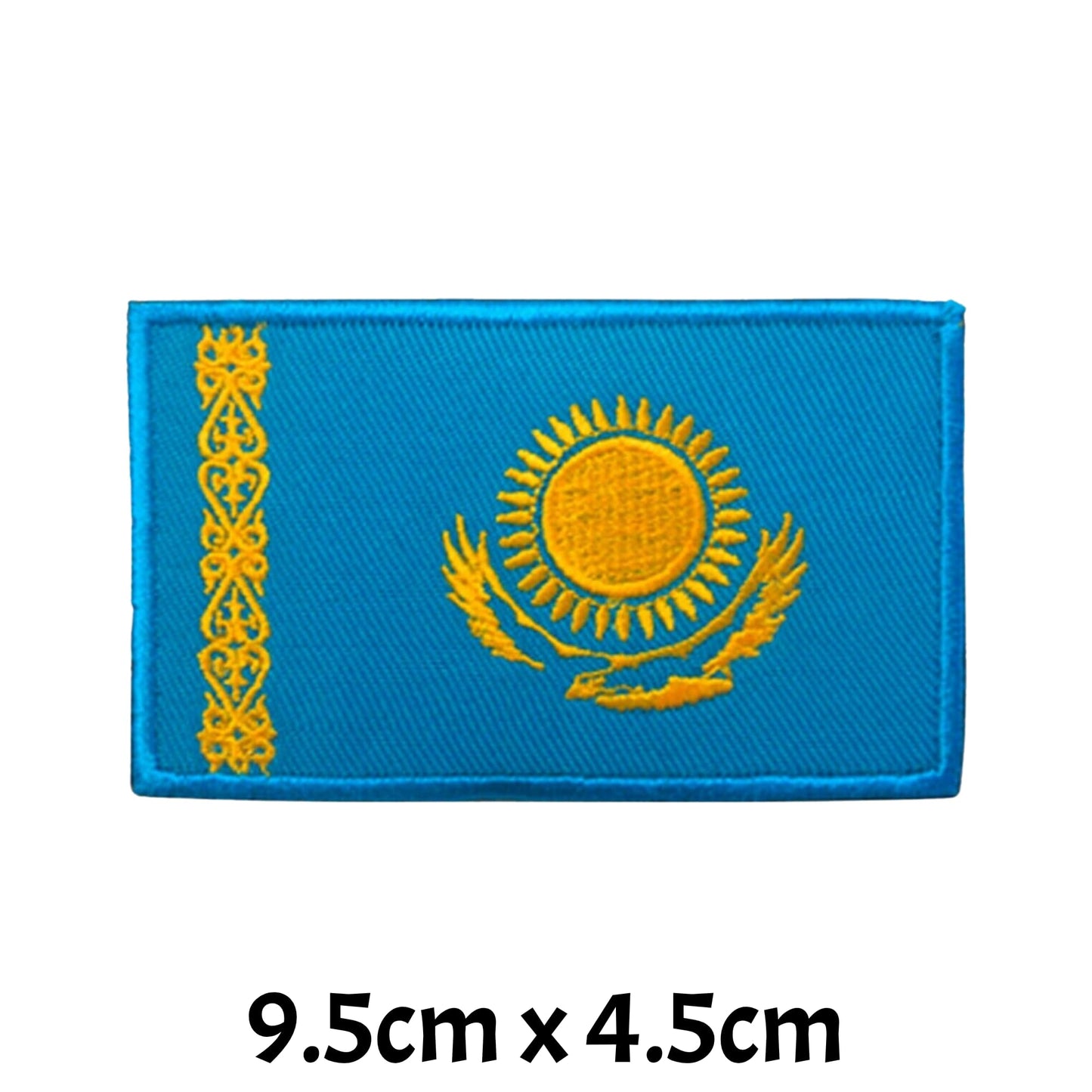 Kazakhstan Flag Embroidered Patch Set, Iron-On or Sew-On Applique Badges, Rectangle Shield Round Heart Shapes, for Jackets, Backpacks, Hats, Uniforms and Various Sizes