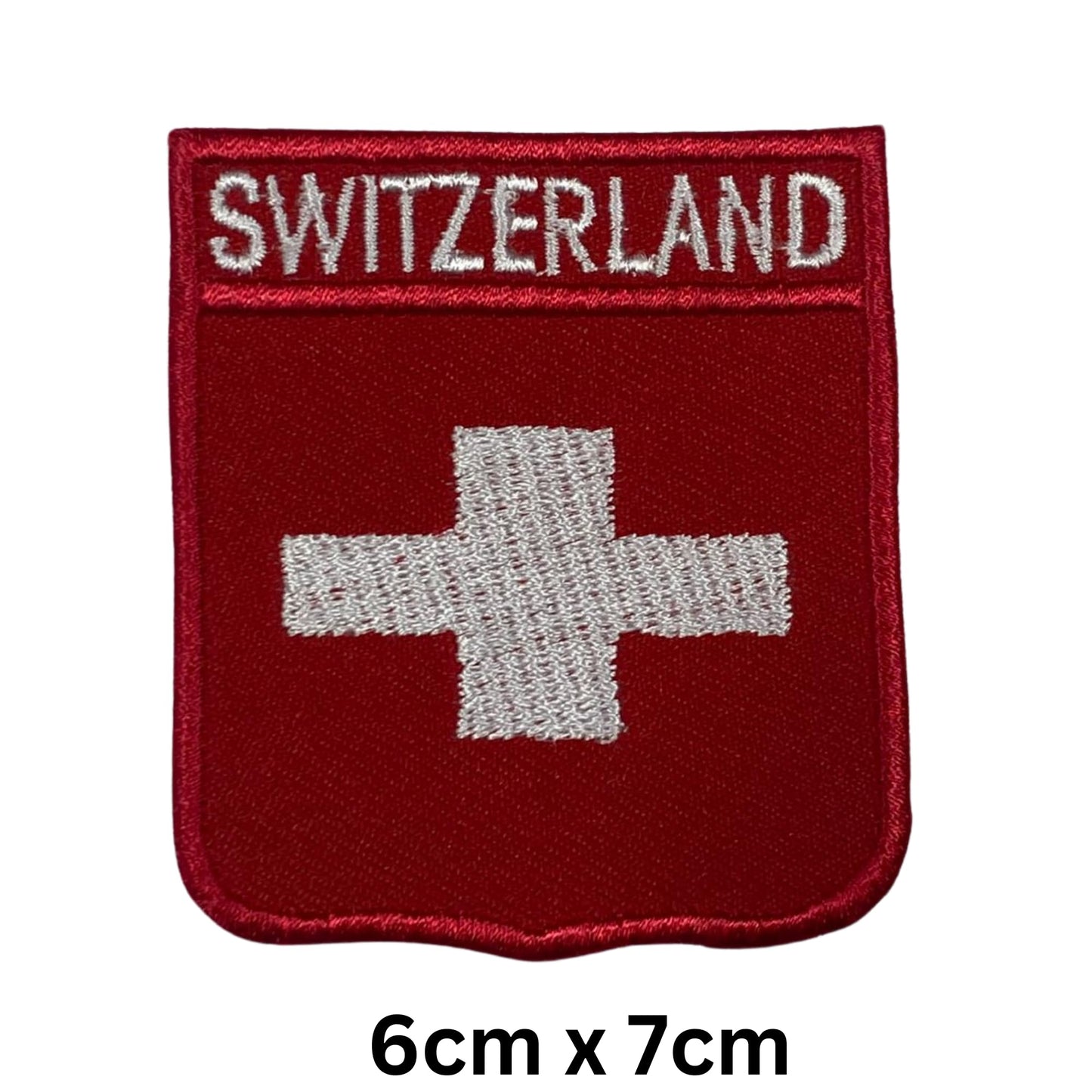 BeBuz Switzerland Flag Embroidered Patches, Iron-On/Sew-On Applique, Shield, Round, Heart and Rectangle Flag Badges for Jackets, Bags, Uniforms, Various Sizes