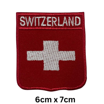 BeBuz Switzerland Flag Embroidered Patches, Iron-On/Sew-On Applique, Shield, Round, Heart and Rectangle Flag Badges for Jackets, Bags, Uniforms, Various Sizes