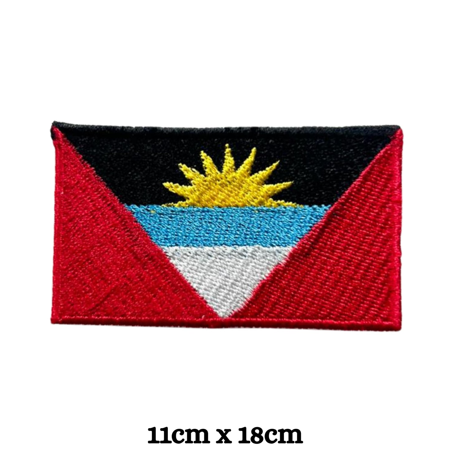 Antigua and Barbuda Flag Embroidered Patches, Iron-On/Sew-On Applique, Shield, Round, Heart and Rectangle Flag Badges for Jackets, Bags, Uniforms, Various Sizes