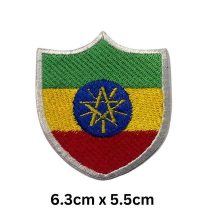 Ethiopia Flag Embroidered Patch Set, Iron-On or Sew-On Applique Badges, Rectangle Shield Round Heart Shapes, for Jackets, Backpacks, Hats, Uniforms and Various Sizes
