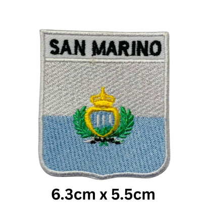 San Marino Flag Embroidered Patch Set, Iron-On or Sew-On Applique Badges, Rectangle Shield Round Heart Shapes, for Jackets, Backpacks, Hats, Uniforms and Various Sizes