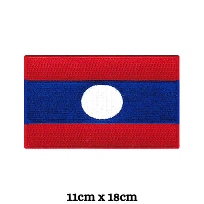 Laos Flag Embroidered Patch Set, Iron-On or Sew-On Applique Badges, Rectangle Shield Round Heart Shapes, for Jackets, Backpacks, Hats, Uniforms and Various Sizes