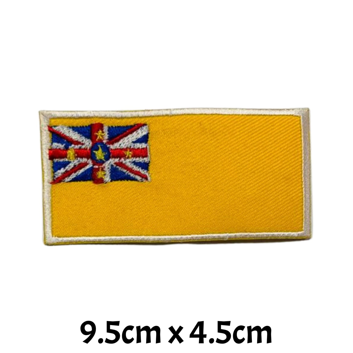 Niue Flag Embroidered Patch Set, Iron-On or Sew-On Applique Badges, Rectangle Shield Round Heart Shapes, for Jackets, Backpacks, Hats, Uniforms and Various Sizes