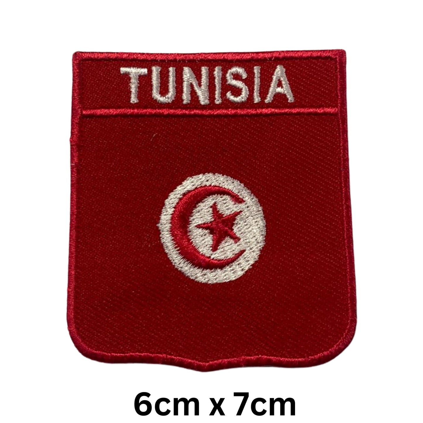 Tunisia Flag Embroidered Patches, Iron-On/Sew-On Applique, Shield, Round, Heart and Rectangle Flag Badges for Jackets, Bags, Uniforms, Various Sizes