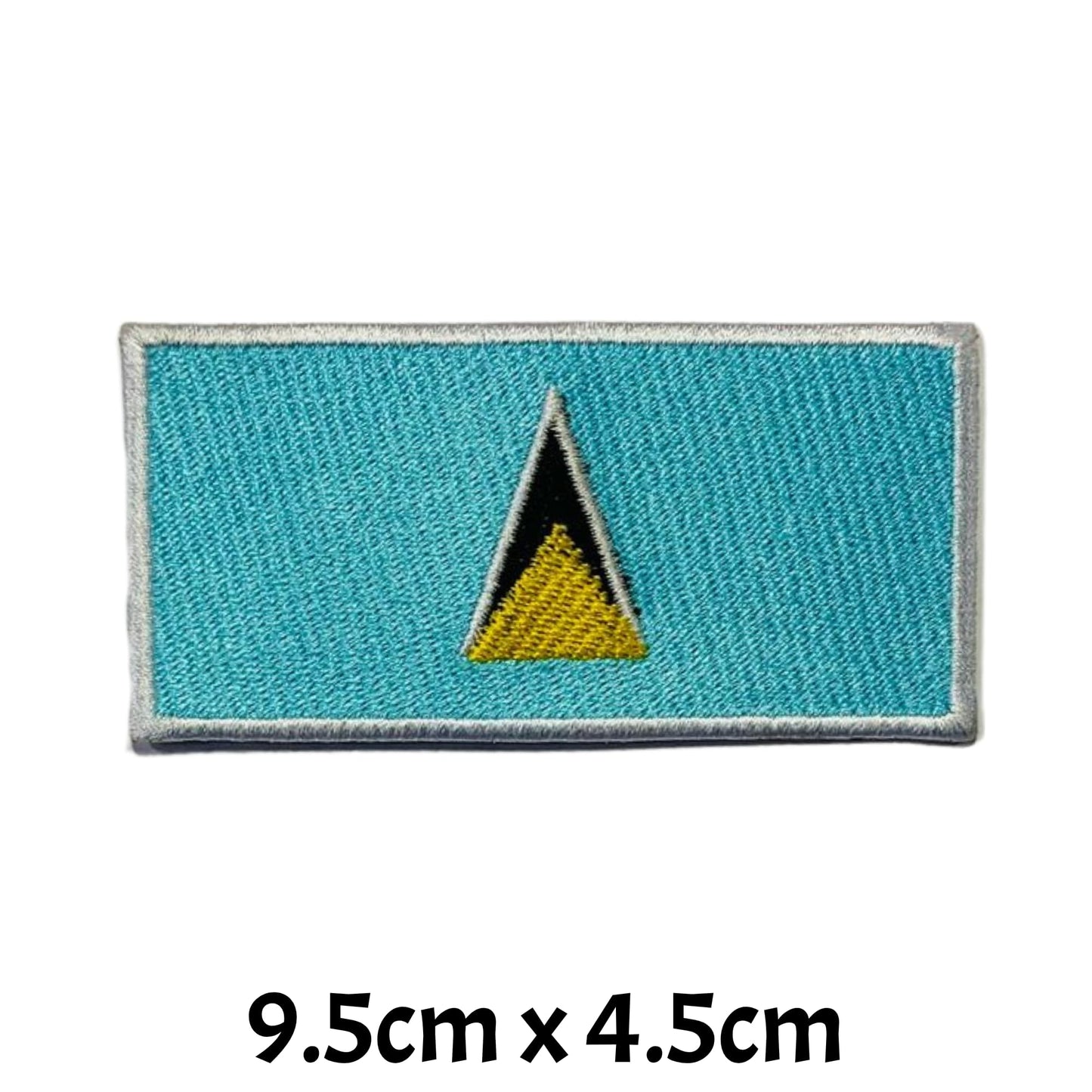 Saint Lucia Flag Embroidered Patch Set, Iron-On or Sew-On Applique Badges, Rectangle Shield Round Heart Shapes, for Jackets, Backpacks, Hats, Uniforms and Various Sizes