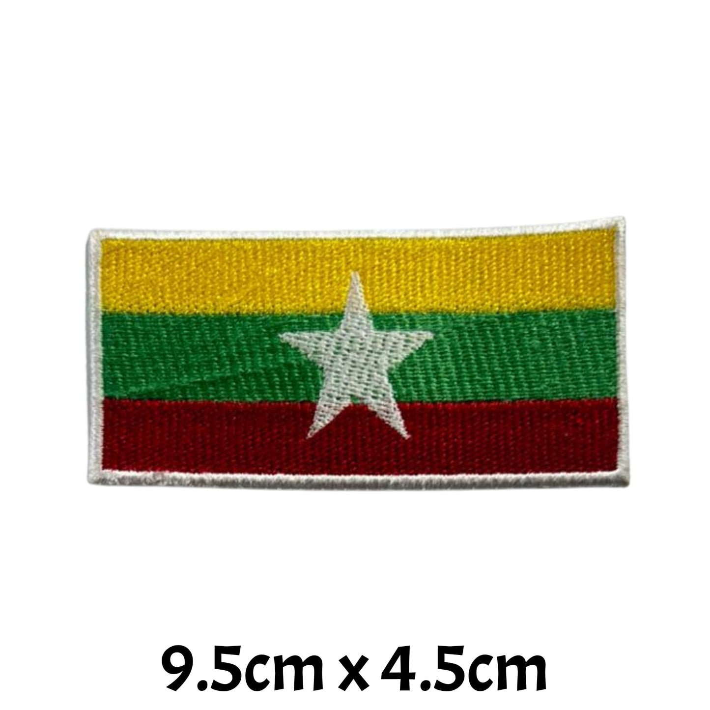 Myanmar Flag Embroidered Patch Set, Iron-On or Sew-On Applique Badges, Rectangle Shield Round Heart Shapes, for Jackets, Backpacks, Hats, Uniforms and Various Sizes