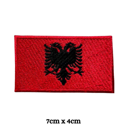 Albania Flag Embroidered Patch Set, Iron-On or Sew-On Applique Badges, Rectangle Shield Round Heart Shapes, for Jackets, Backpacks, Hats, Uniforms and Various Sizes
