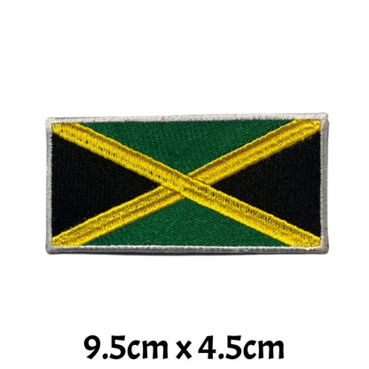 Jamaica Flag Embroidered Patch Set, Iron-On or Sew-On Applique Badges, Rectangle Shield Round Heart Shapes, for Jackets, Backpacks, Hats, Uniforms and Various Sizes