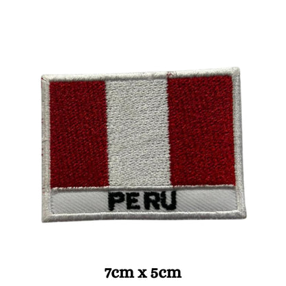 Peru Flag Embroidered Patch Set, Iron-On or Sew-On Applique Badges, Rectangle Shield Round Heart Shapes, for Jackets, Backpacks, Hats, Uniforms and Various Sizes